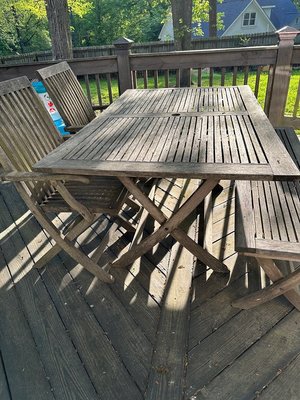 Photo of free Outdoor teak table, chairs, bench (South Charlotte - Rea Rd)