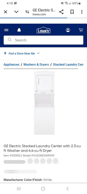 Photo of stackable electric washer/dryer (Standiford and Hahn)