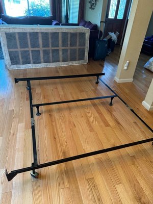Photo of free Bedframe, bedskirt, 2 boxsprings (Cupertino by De Anza College)