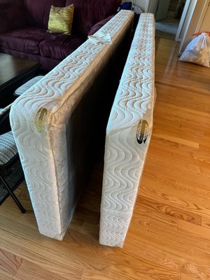 Photo of free Bedframe, bedskirt, 2 boxsprings (Cupertino by De Anza College)