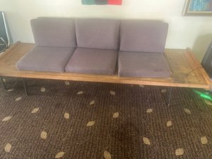 Photo of free weird wooden couch (2857 Main Street east point Ga)