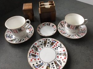 Photo of free 2 cups & saucers, plate & little dish - playing cards design (Cheadle Hulme SK8)