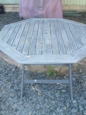 Photo of free Wooden garden table and 4 chairs.. Need upcyling (Narborough LE19)