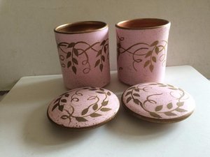 Photo of free 2 x Hand Painted Terracotta Lidded Pots (10cm tall) (St James, South Elmham IP19)