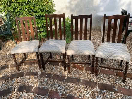 Photo of free 4 oak dining room chairs with barley twist legs. (Middleton on Sea PO22) #1