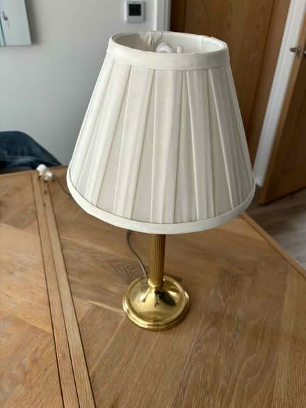 Photo of free bedside lamp (M&S) - brass lamp base, cream silk shade (Leckhampton GL53) #1