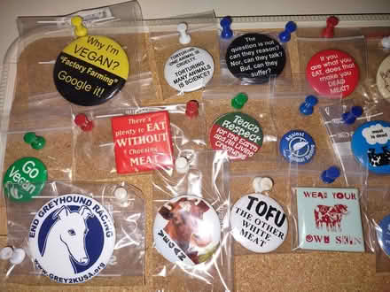 Photo of free Vegan/ Animal Rights Buttons (Sunrise- Welleby) #1