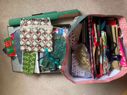 Photo of free A bag and box of Christmas bags, ribbons, craft papers (Nether Poppleton YO26) #1