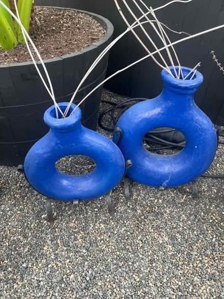 Photo of free 2 blue vases on stands (Hawthorne) #1