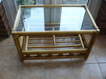 Photo of free Glass topped low cane/bamboo table with shelf H:17.5"/45cm (Kempsey WR5) #1