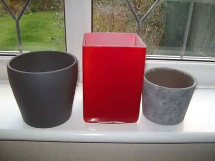 Photo of free 2 grey/brown plant pots & 1 red vase - all VGC, no chips (Great Moor SK2) #1