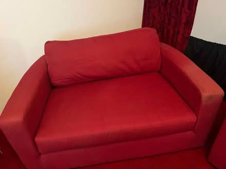 Photo of free habitat three piece suite red with 6 cushions. fire lables (North Chailey BN8) #3