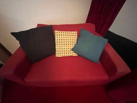 Photo of free habitat three piece suite red with 6 cushions. fire lables (North Chailey BN8) #2