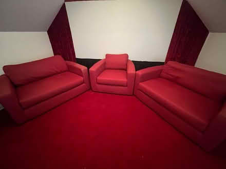 Photo of free habitat three piece suite red with 6 cushions. fire lables (North Chailey BN8) #1