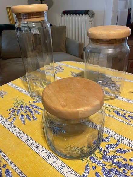 Photo of free 12 Glass Storage Jars w/Wood Tops (Cleveland Park) #1