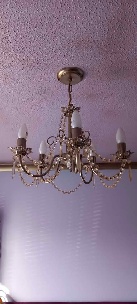 Photo of free Gold effect chandelier with glass droplets. (Carnon Downs TR3) #1