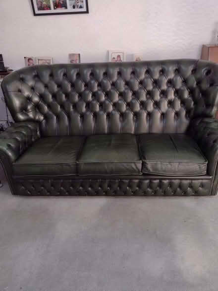 Photo of free Leather 3piece suite, bottle green, useable condition. (Southport PR8) #1