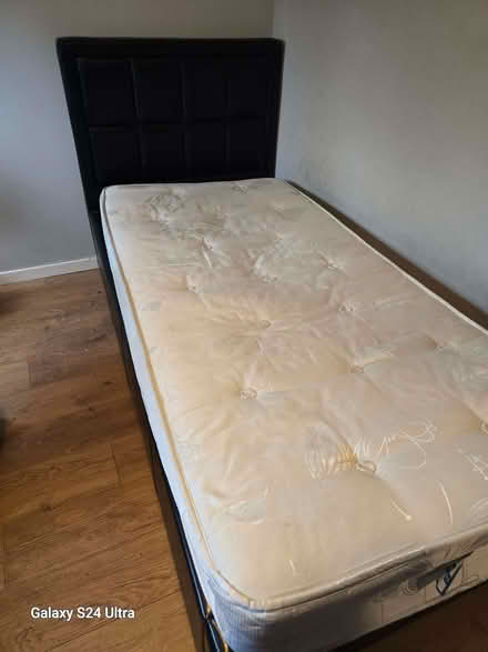 Photo of free Single faux brown leather ottoman bed frame and mattress if (Ellen's Glen EH16) #2