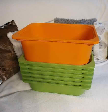 Photo of free IKEA Trofast storage boxes, 6 small green, 1lge orange (Troy Town ME1) #1