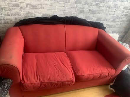 Photo of free Red 2 Seat Couch & 4 Kitchen Stools (North County Dublin) #1