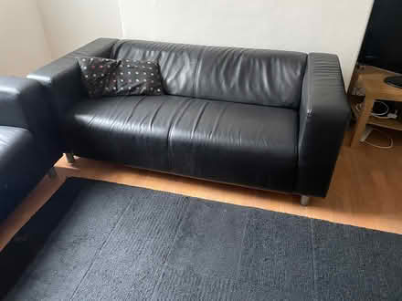 Photo of free 2no black leather look sofas (Wavertree Liverpool) #1