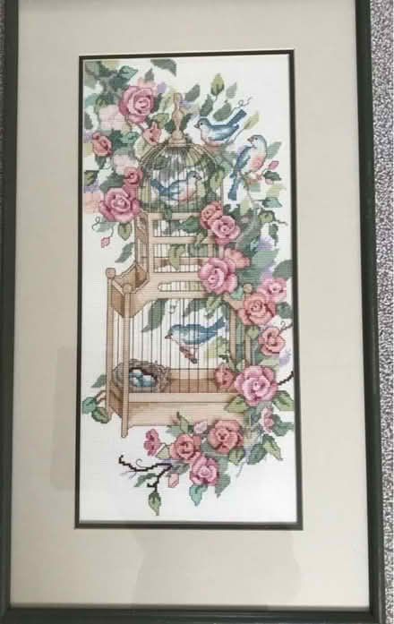 Photo of free Vintage Framed Birds In A Cage Floral Textile Cross Stitch E (Stone Cross BN24) #1