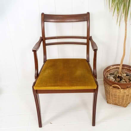 Photo of free Vintage wooden chair with arms and olive upholstery (World's End RH15) #2