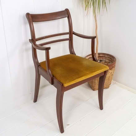 Photo of free Vintage wooden chair with arms and olive upholstery (World's End RH15) #1