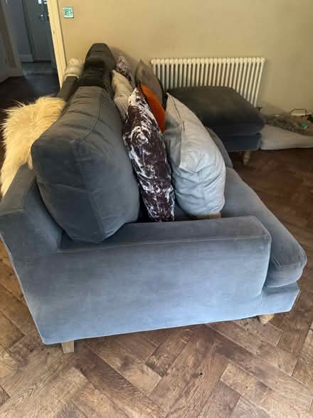 Photo of free 3 seat chaise blue velvet sofa (Bisley) #1