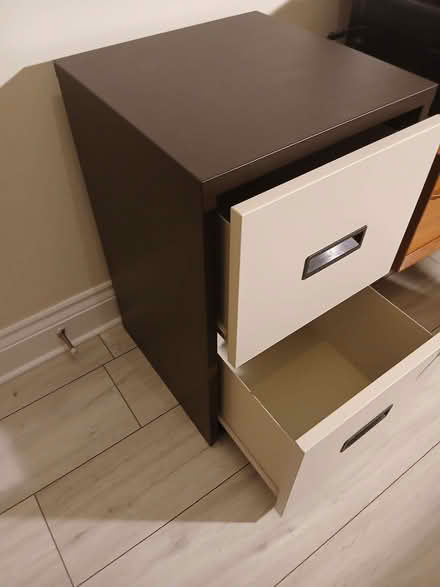 Photo of free Brown & cream, metal filing cabinet - 2 x drawers (Emlyn Gardens W4) #3
