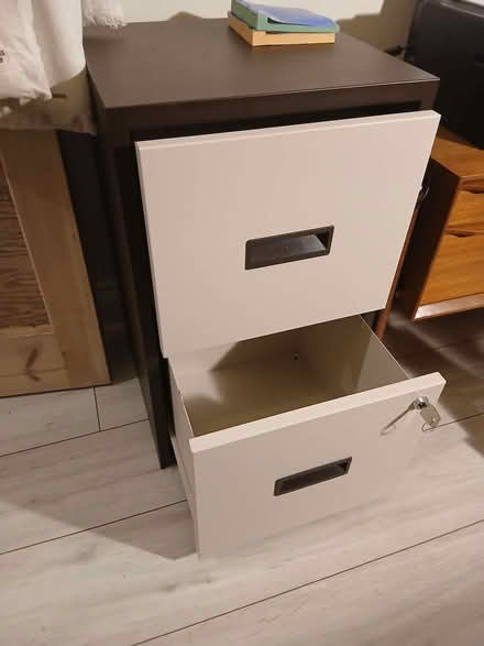 Photo of free Brown & cream, metal filing cabinet - 2 x drawers (Emlyn Gardens W4) #2