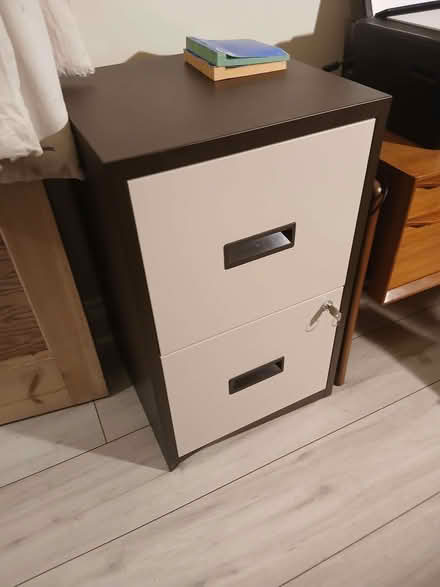 Photo of free Brown & cream, metal filing cabinet - 2 x drawers (Emlyn Gardens W4) #1