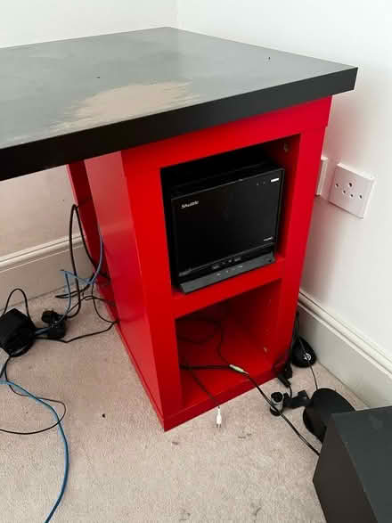 Photo of free Black desk with red legs and computer stand 60cm x 200cm. (Walton Manor OX2) #2