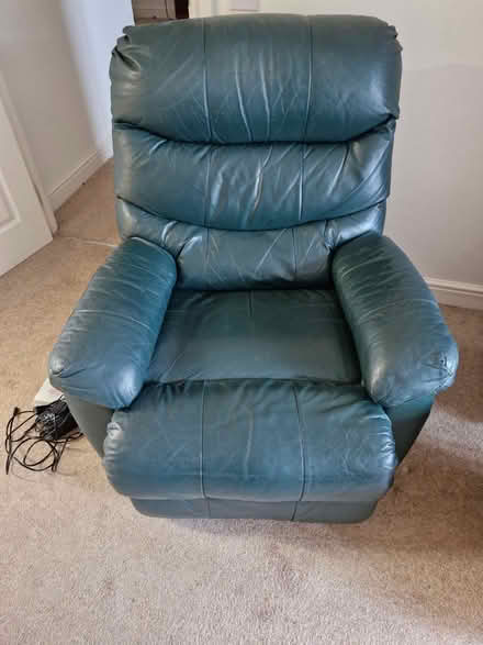 Photo of free Recliner chair with massage/heat functions. Green leather. (Denham UB9) #1