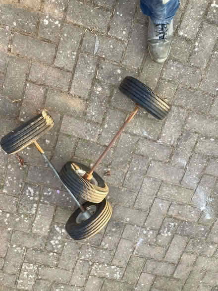Photo of free Two pairs of wheels with tyres with axles (GU14) #1