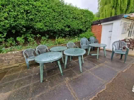 Photo of free 11 green plastic chairs and 4 circular tables (Gatley area) (Cheadle Hulme SK8) #1