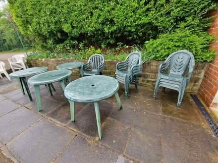 Photo of free 11 green plastic chairs and 4 circular tables (Gatley area) (Cheadle Hulme SK8) #2
