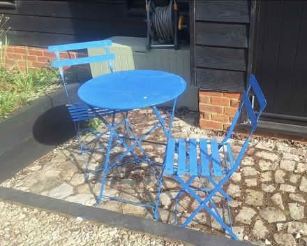 Photo of free Royal blue bistro table and 2 chairs (Hotley Bottom HP16) #1