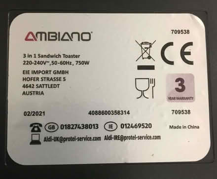 Photo of free Ambiano 3-in-1 Sandwich Toaster (Olton B92) #2
