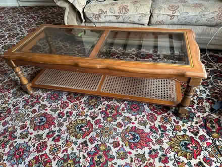 Photo of free Coffee table, wood and Glass with Rattan shelf (Common Edge FY4) #1
