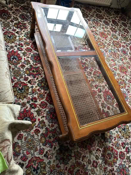 Photo of free Coffee table, wood and Glass with Rattan shelf (Common Edge FY4) #2
