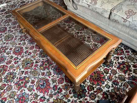 Photo of free Coffee table, wood and Glass with Rattan shelf (Common Edge FY4) #3