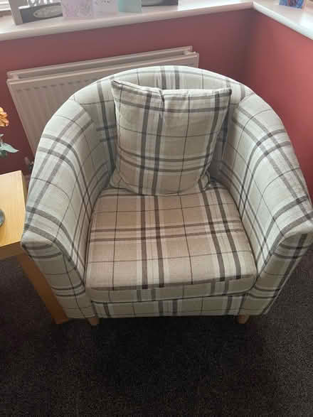 Photo of free Tub Chair - Burberry pattern with cushion (Woodville DE11) #1