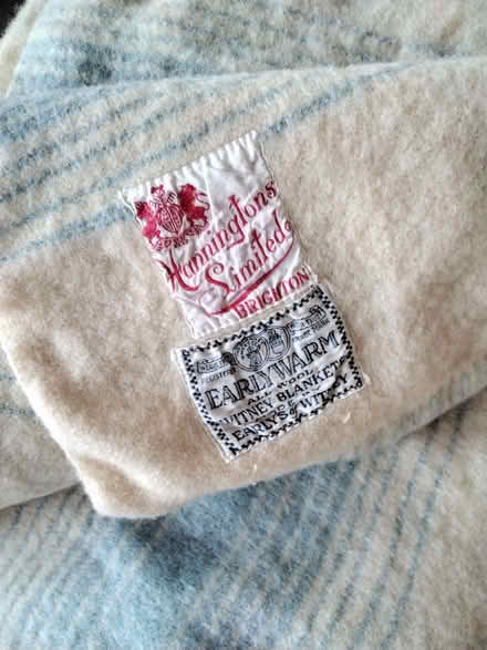 Photo of free Large pure wool blanket with blue trim (Allerton L18) #2
