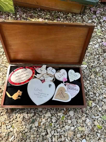 Photo of free Old wooden box with various heart shaped decorations (Wilby NN8) #1