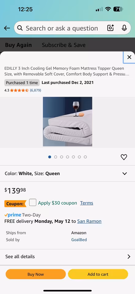 Photo of free Queen Memory Foam Mattress Topper (Central Park Area San Ramon) #1