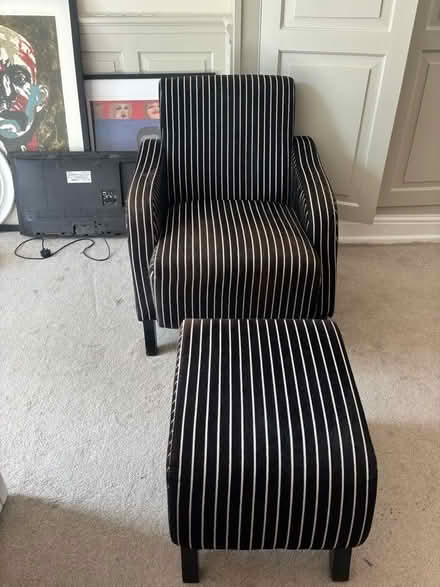 Photo of free Black and white stripe upholstered armchair and footstool . (Belle Vue SY3) #1