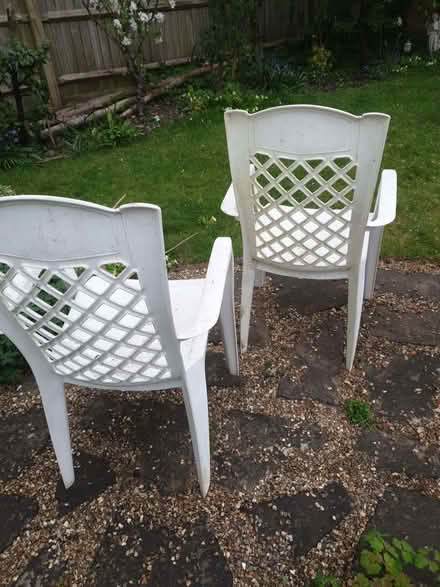 Photo of free 2 White plastic pretty garden chairs (Wargrave RG10) #1