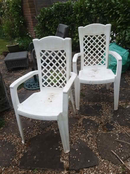 Photo of free 2 White plastic pretty garden chairs (Wargrave RG10) #2