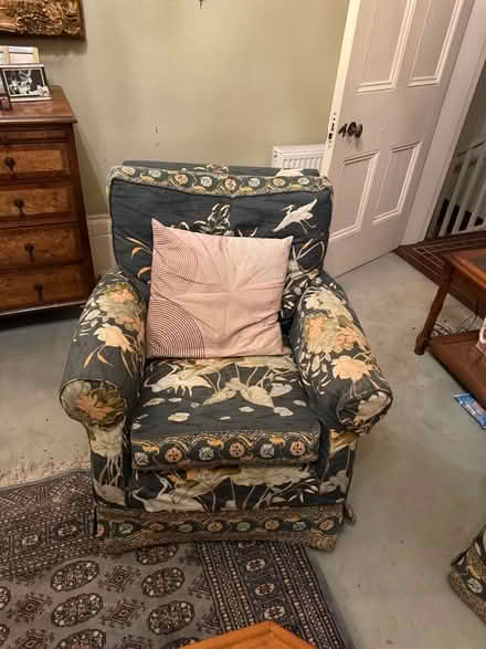 Photo of free 3 person a sofa and 3 chairs all recently re-covered. (Warden Hill GL51) #1